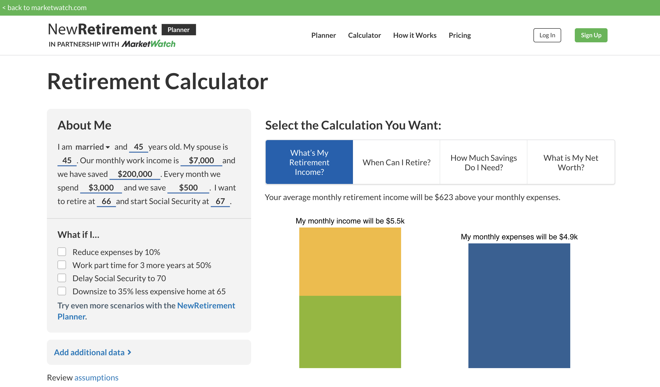 The MarketWatch Planner and retirement calculator dashboard