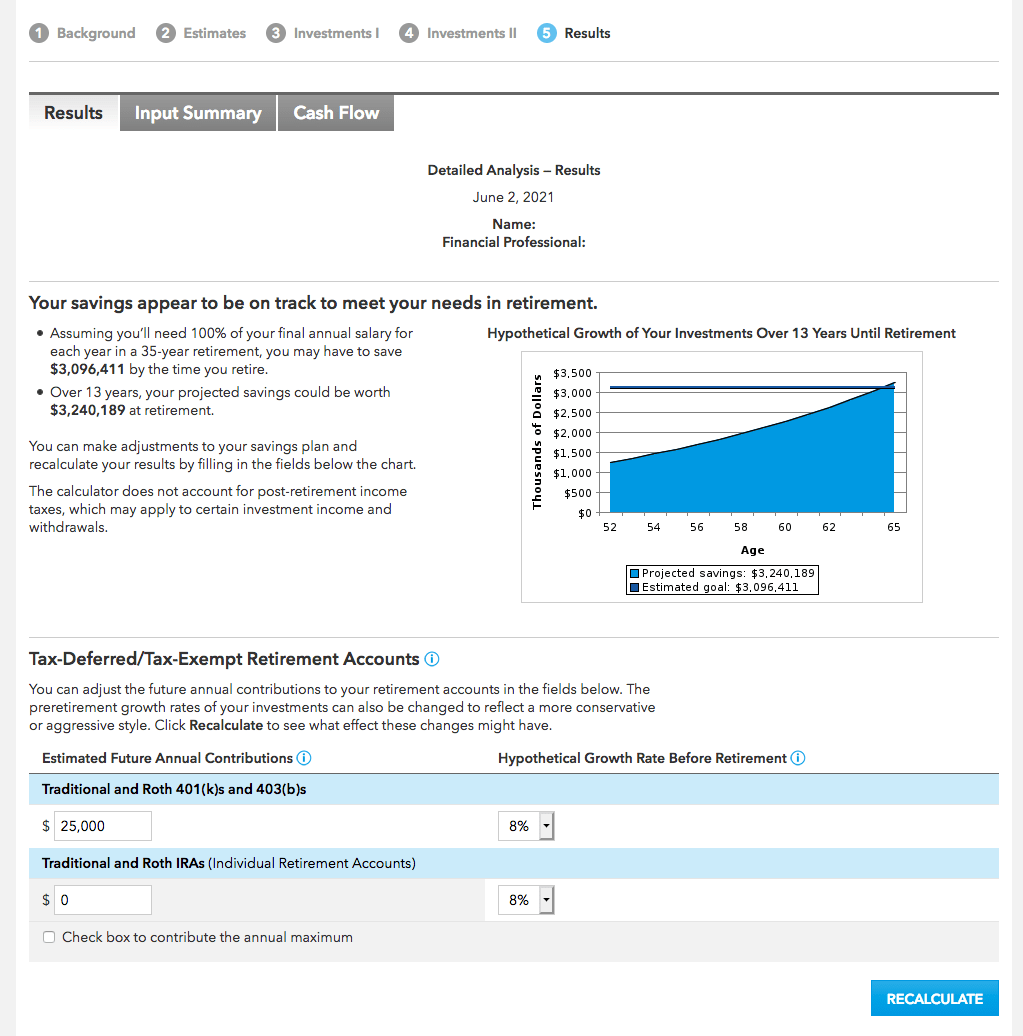 American Funds retirement calculator dashboard