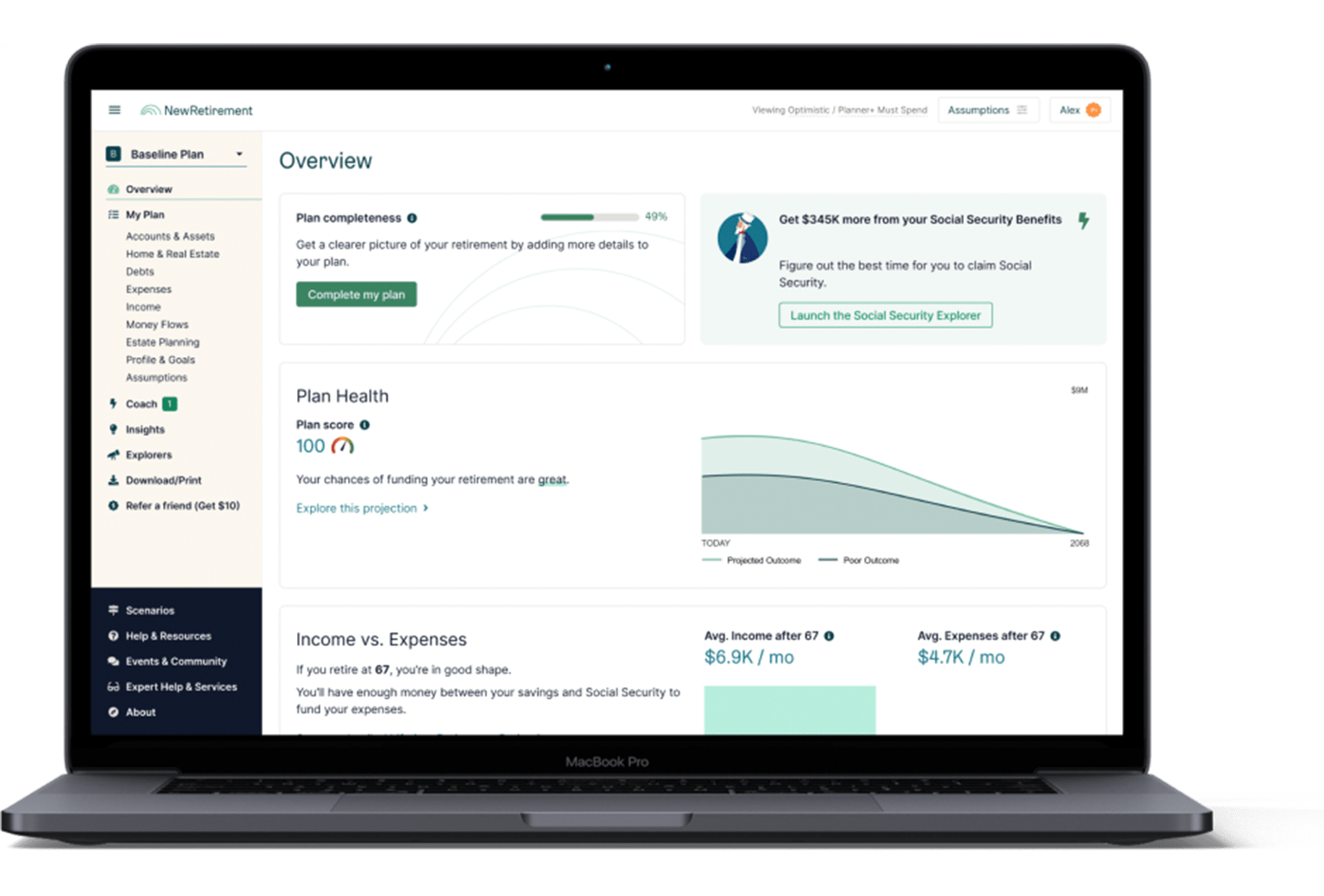 new retirement dashboard on laptop