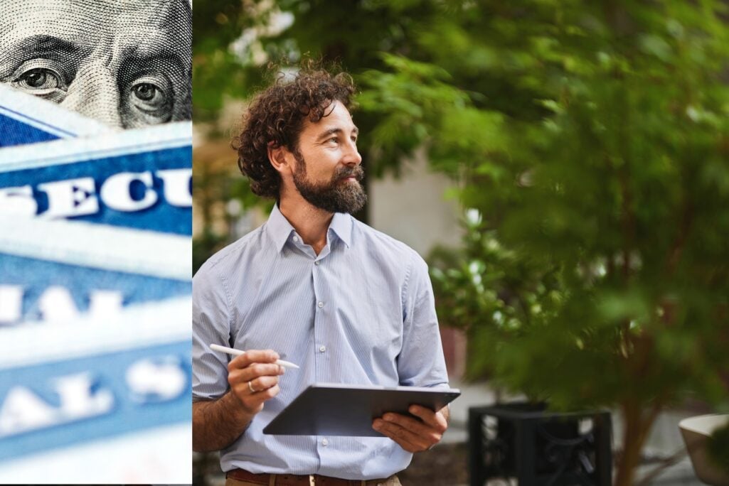A man holding a digital tablet outdoors looks up thoughtfully next to an overlay of Social Security cards and a dollar bill, reflecting on annual benefit updates like the Social Security COLA.